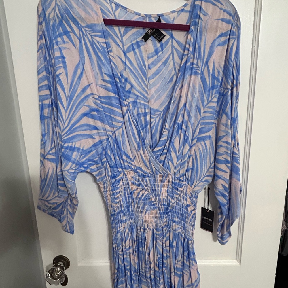 Blue and Pink Leaf Print Dress